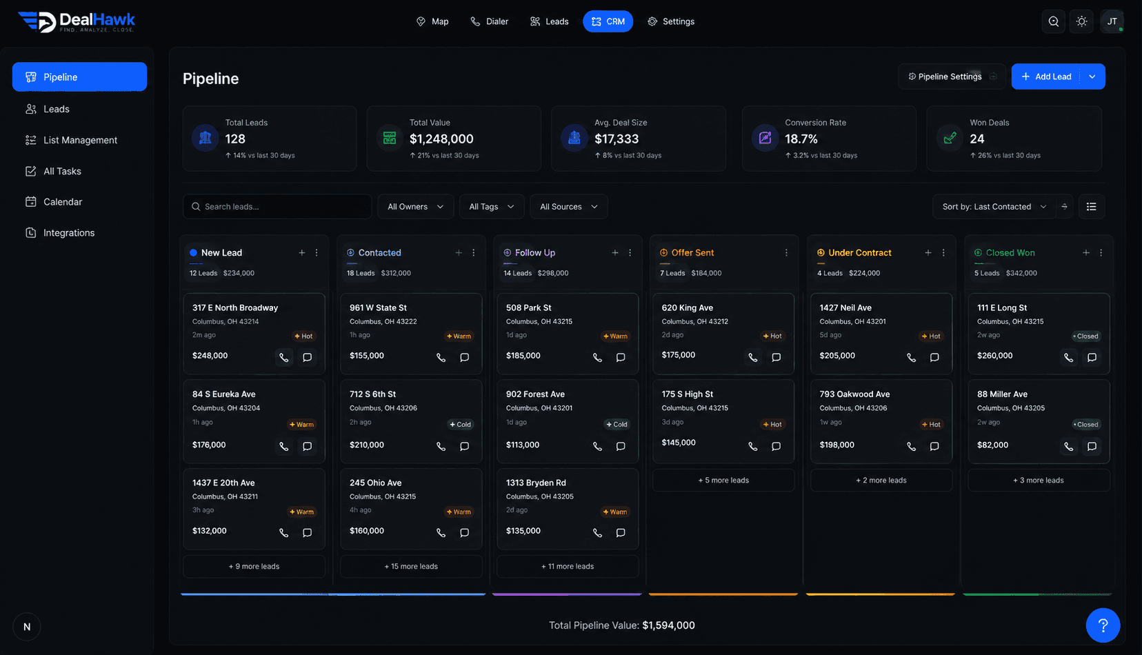 DealHawk CRM pipeline interface